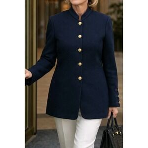 Vtg 90s St John Basics Gold Lion Button Up Jacket Sweater Navy Thick  Size 10